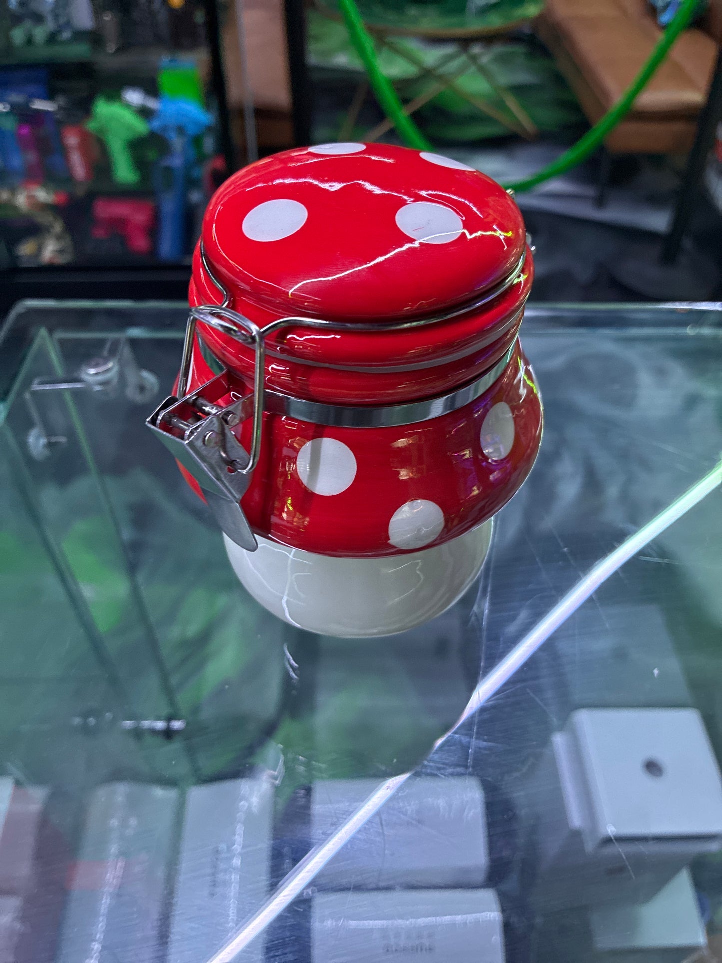 Fujima ceramic stash jar with clasp, mushroom