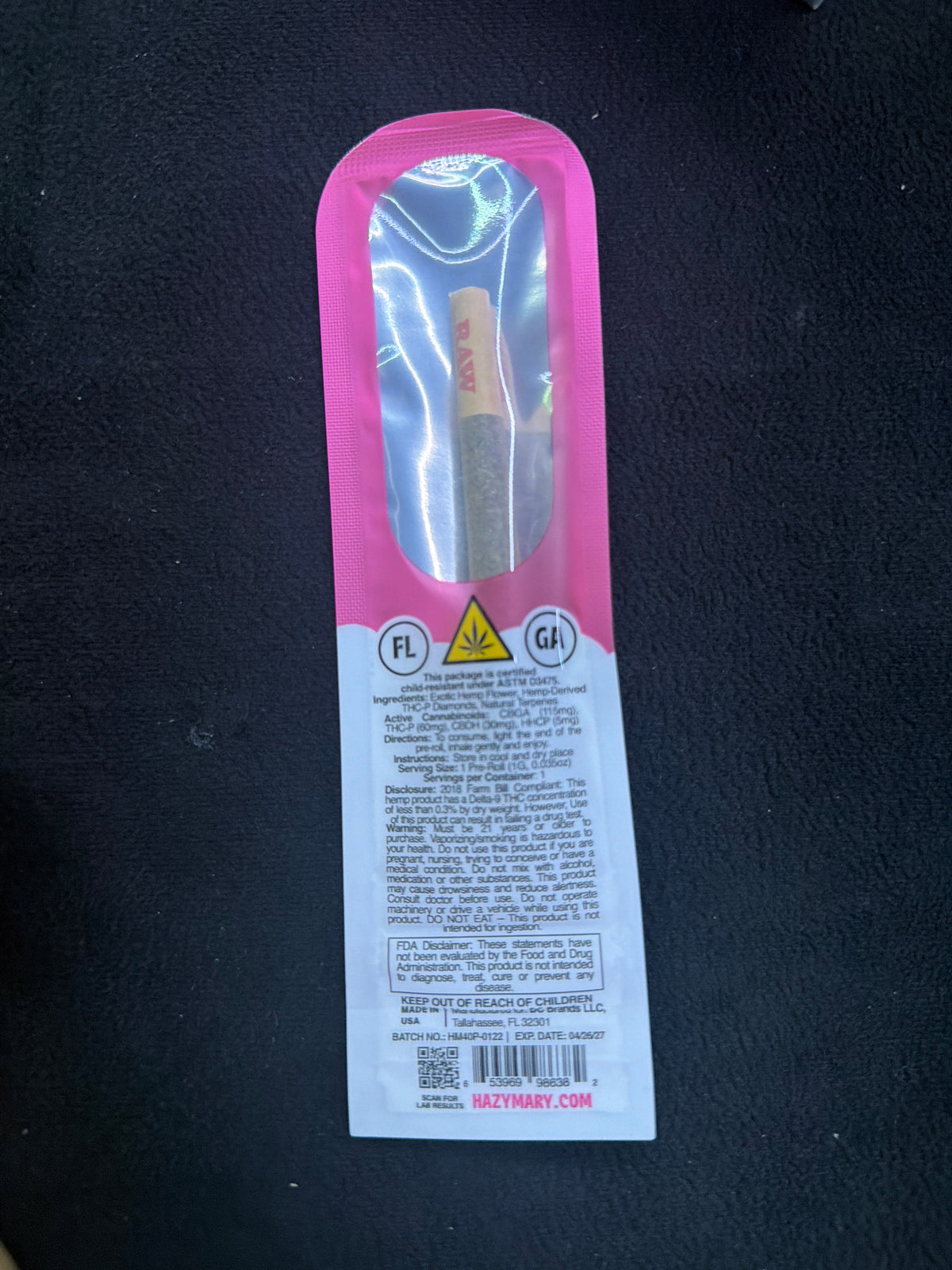 HAZY MARY EXOTIC INDOOR FLOWER THCP DIAMOND INFUSED PRE ROLLS 1G - PINK RUNTZ OG HYBRID
