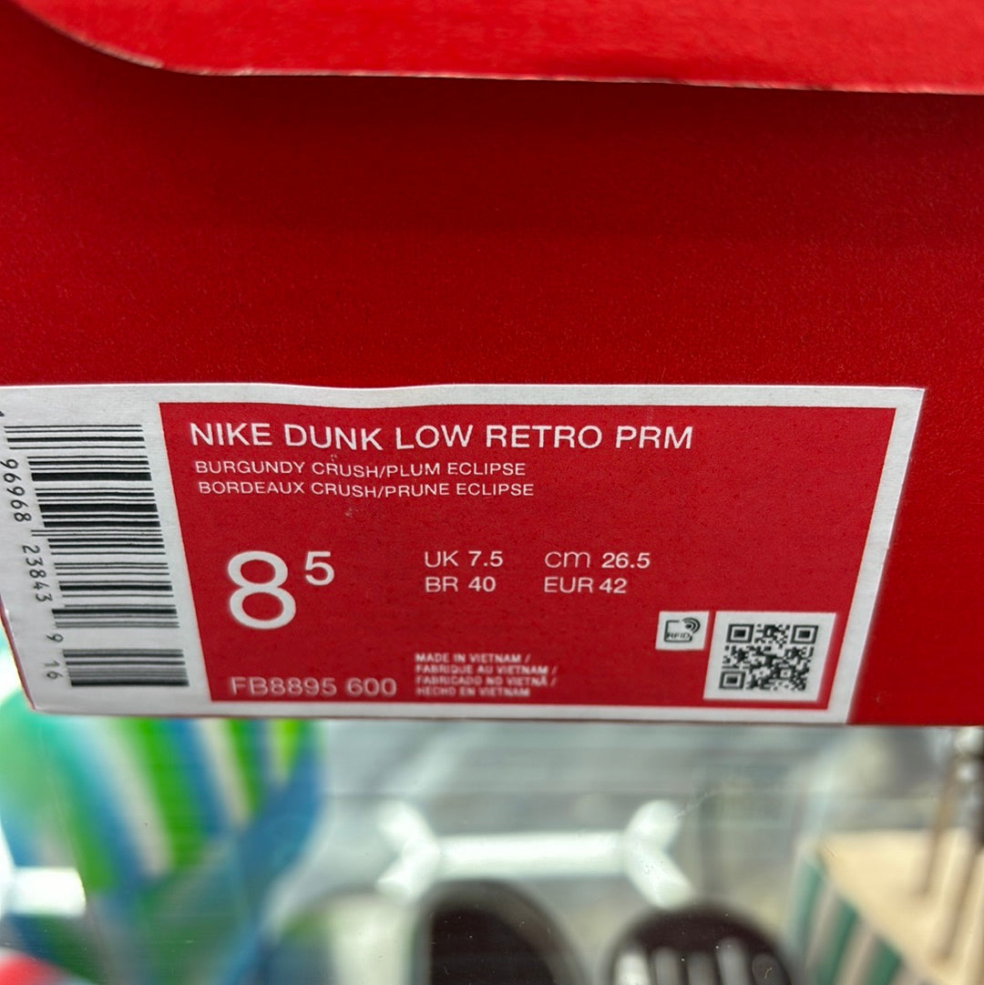 Nike dunk low retro PRM burgundy crush/plum eclipse size 8.5m