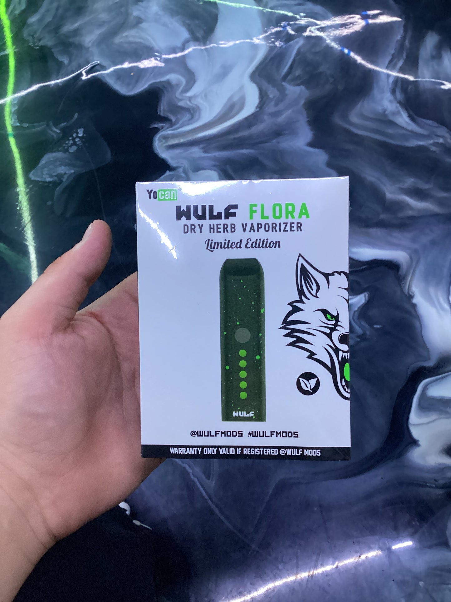 Yocan wulf flora dry herb, vaporizer, limited edition black with green splatter marks