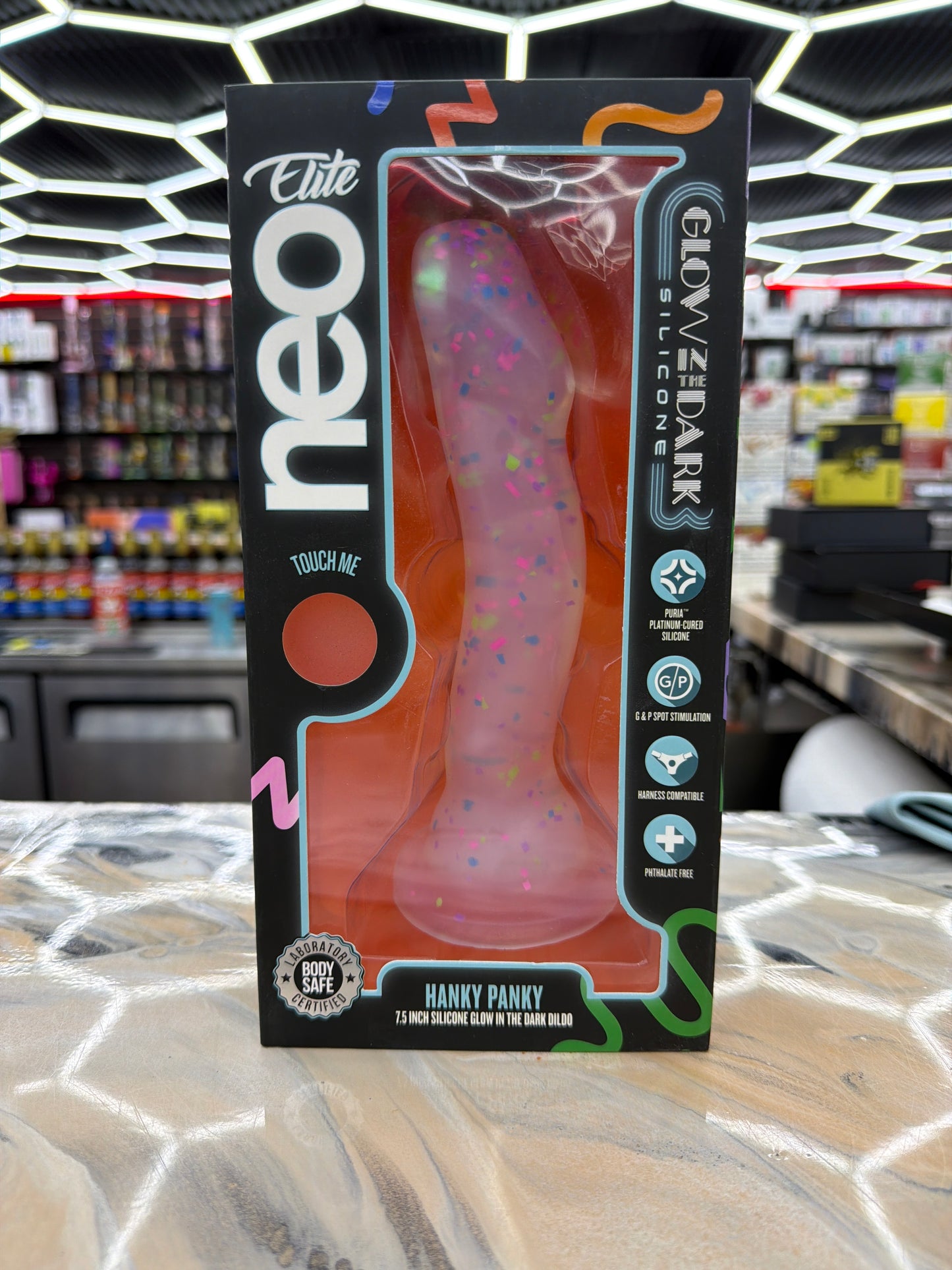 Blush Neo Elite Hanky Panky 7.5 Inch Glow In The Dark Confetti Suction Cup Base Silicone Dildo