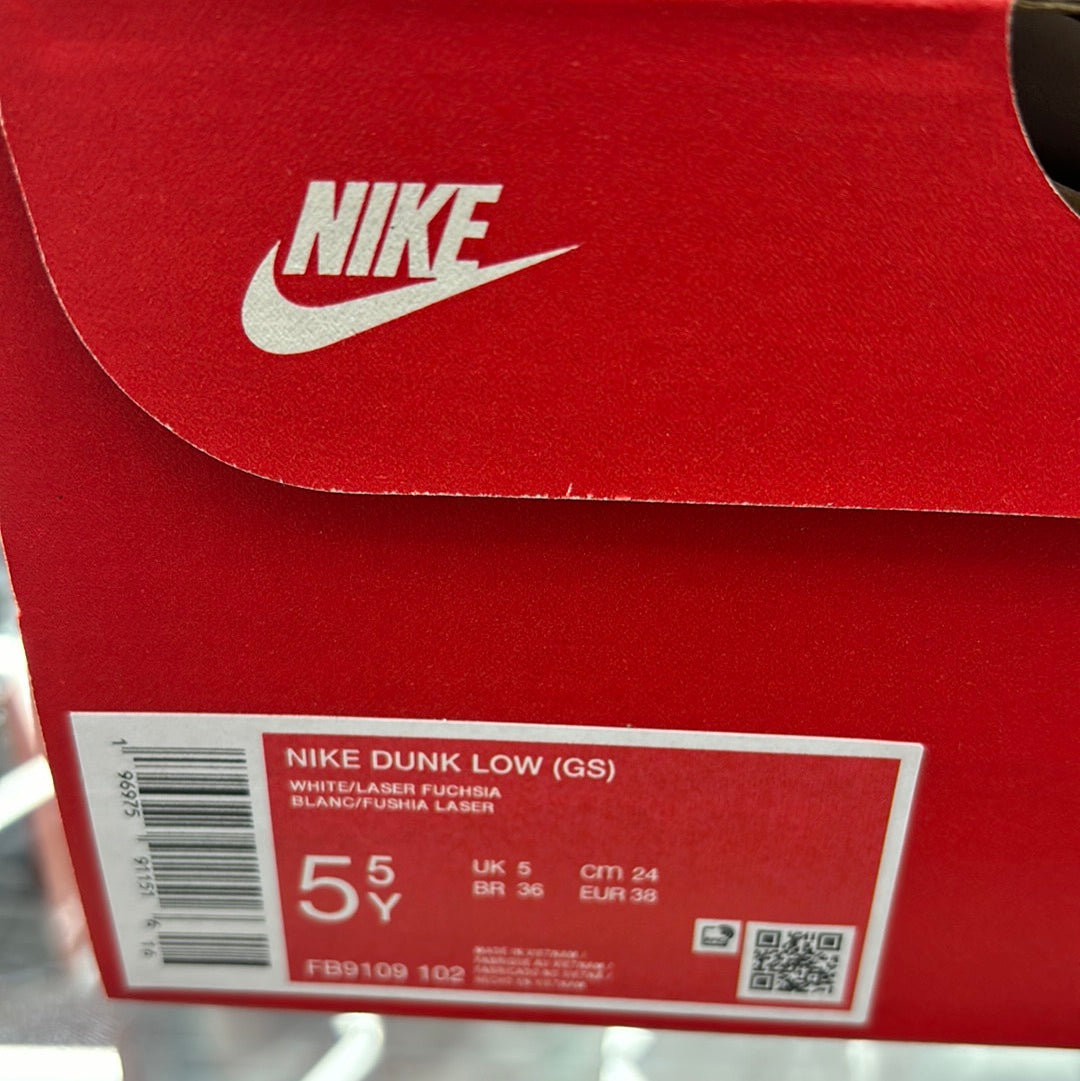 Nike dunk low white/laser fuchsia size 5.5y