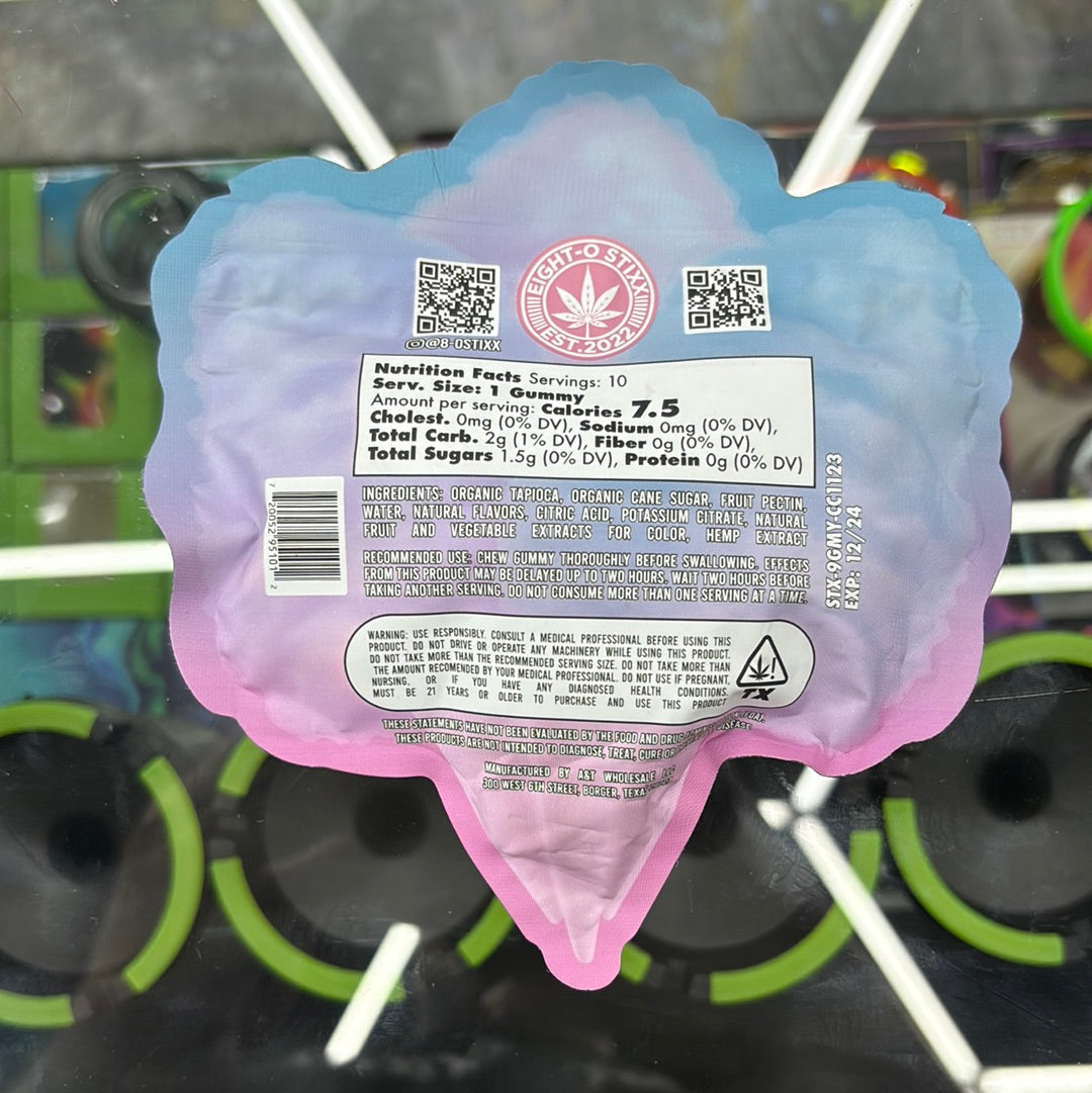 Eight-o stixx cotton candy d9 gummies 250mg per bag 10gummies