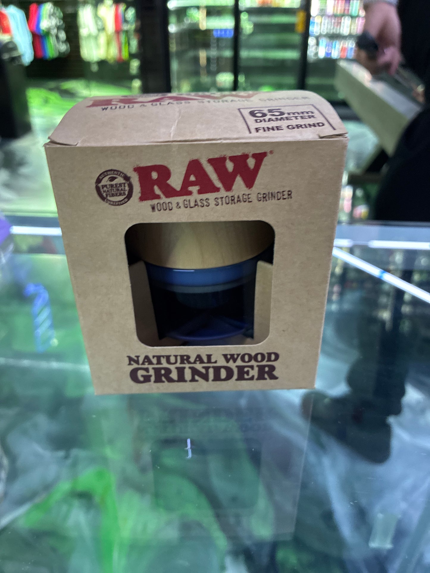 Raw natural wood grinder blue glass 65mm
