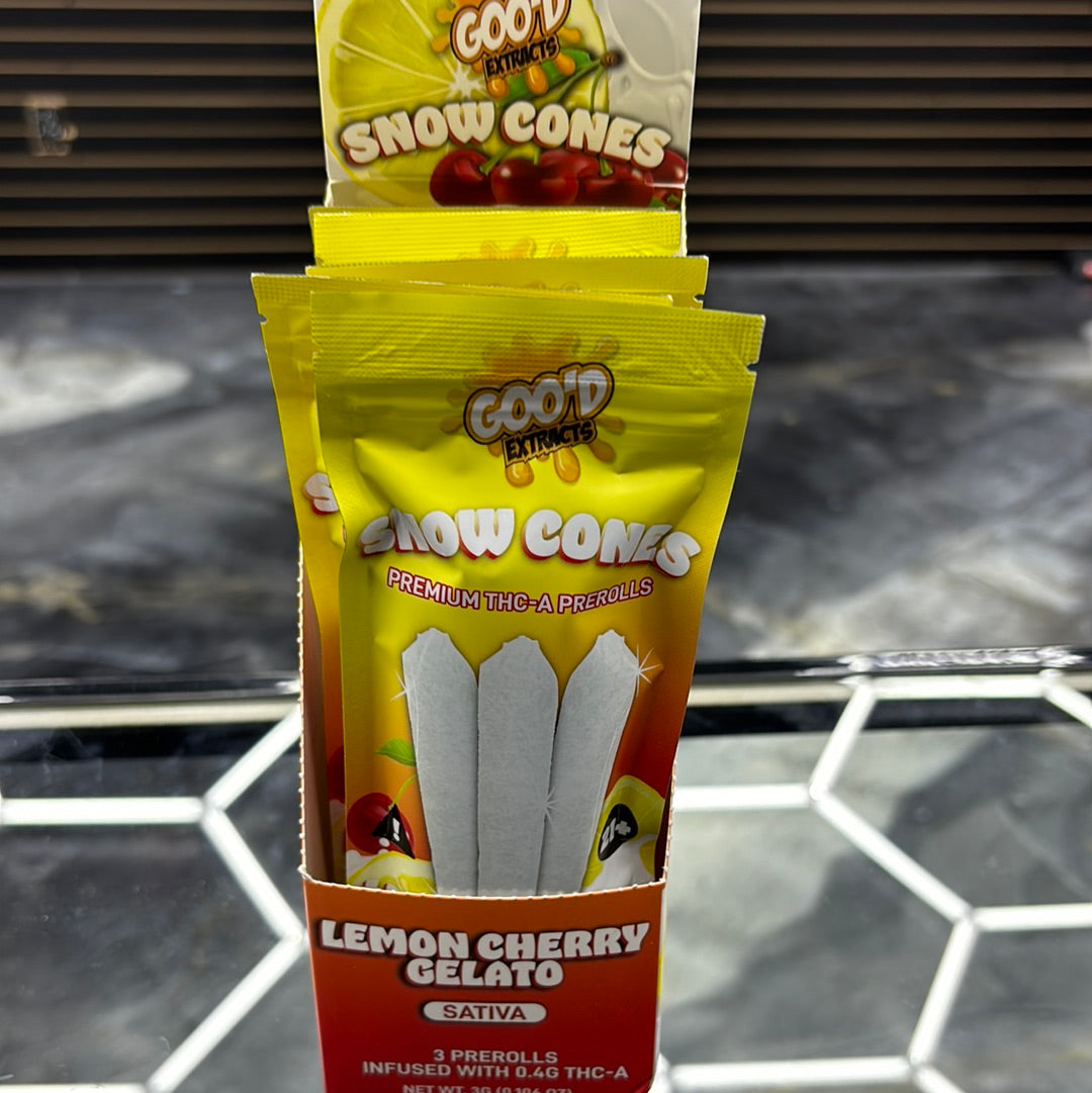 Goo’d snow cones premium THC, a pre-rose, lemon, cherry gelato hybrid