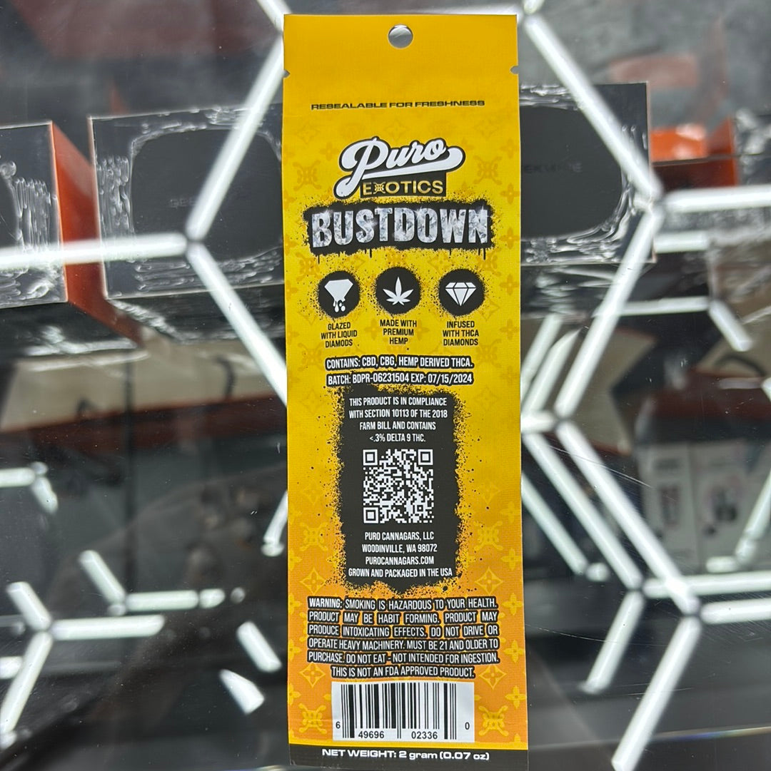 Puro exotics bus down papaya, Kush, hybrid THC, a diamond pre-roll