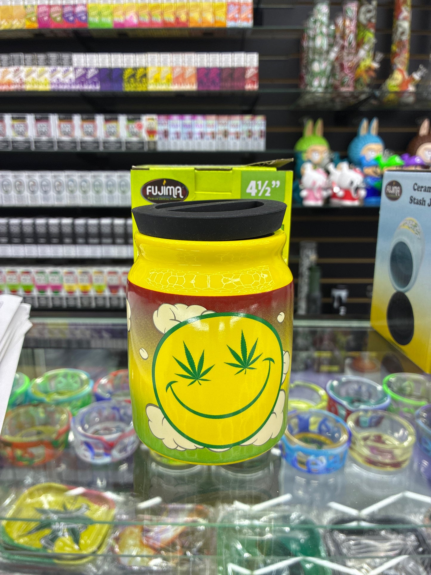 Fujima happy face ceramic stash jar 8floz