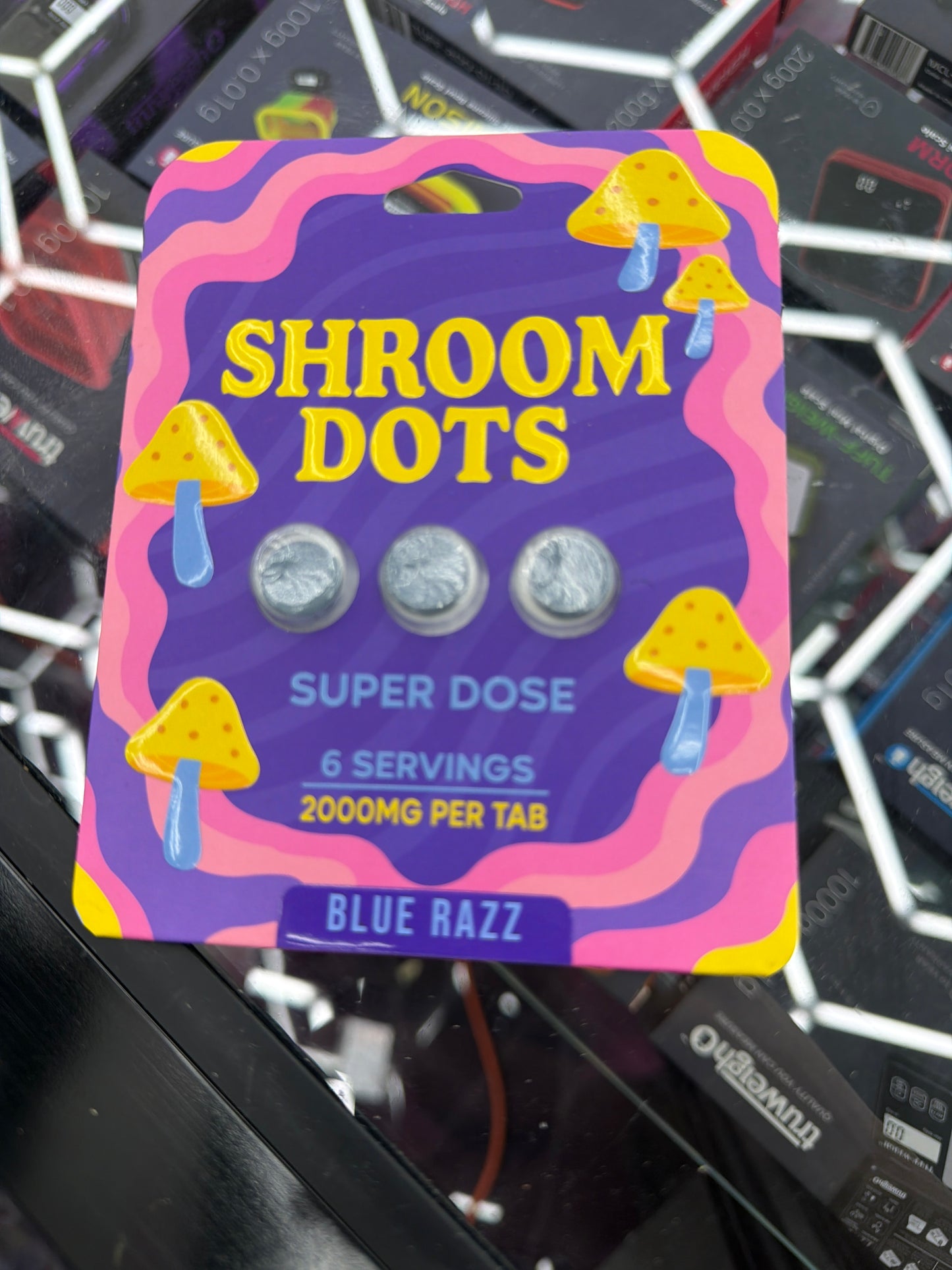 Shroom dots proprietary mushroom and nootropic blend super dose 2000mg per tab Blue Razz