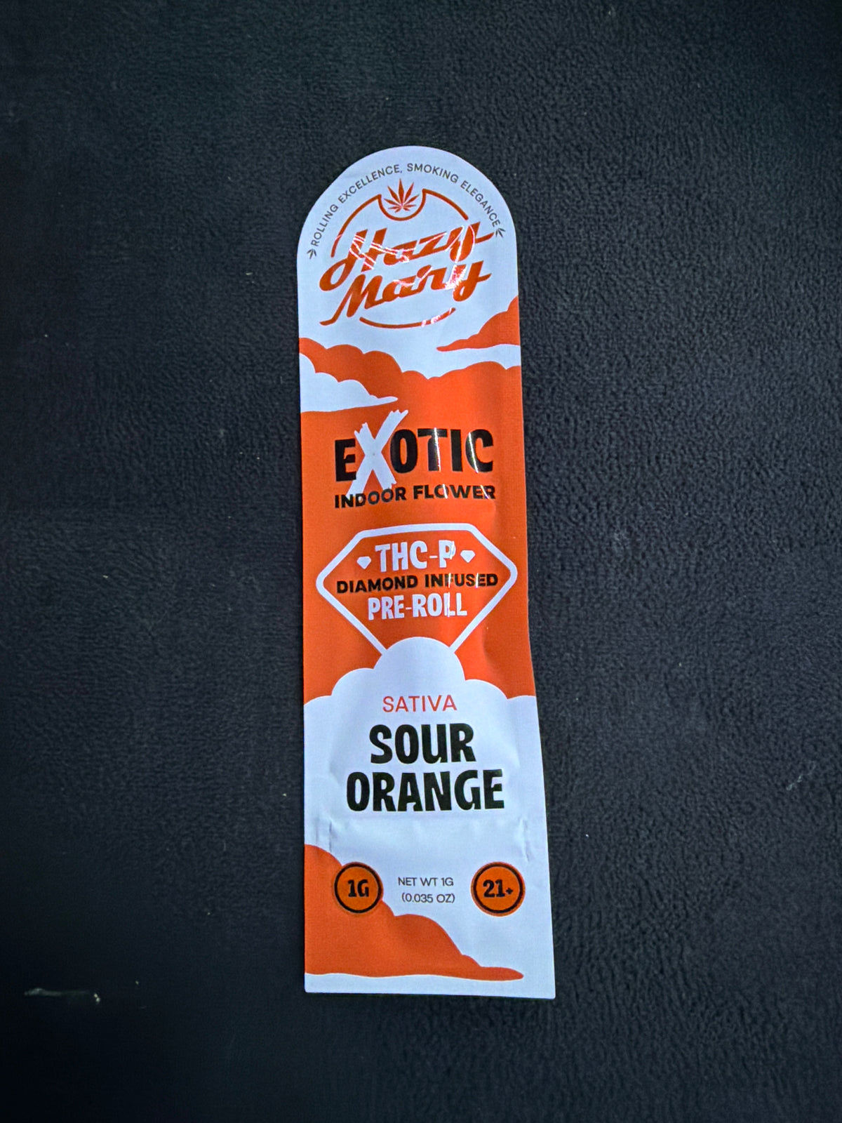 HAZY MARY EXOTIC INDOOR FLOWER THCP DIAMOND INFUSED PRE
ROLLS 1G - SOUR ORANGE SATIVA