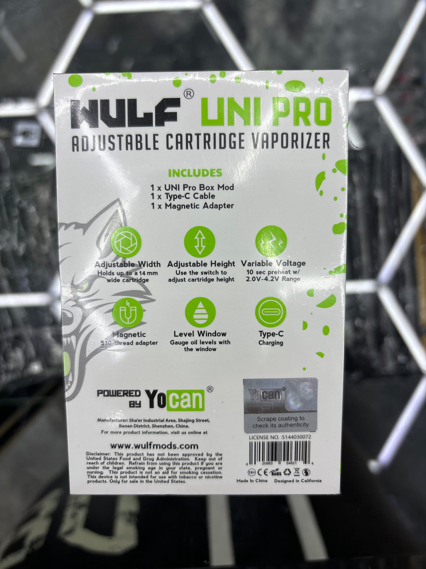 Yo Ken, Wolf adjustable cartridge, vaporizer, limited edition Uni pro black with green spots