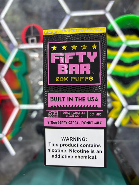 Fifty bar 20K puff strawberries, cereal, donut, milk