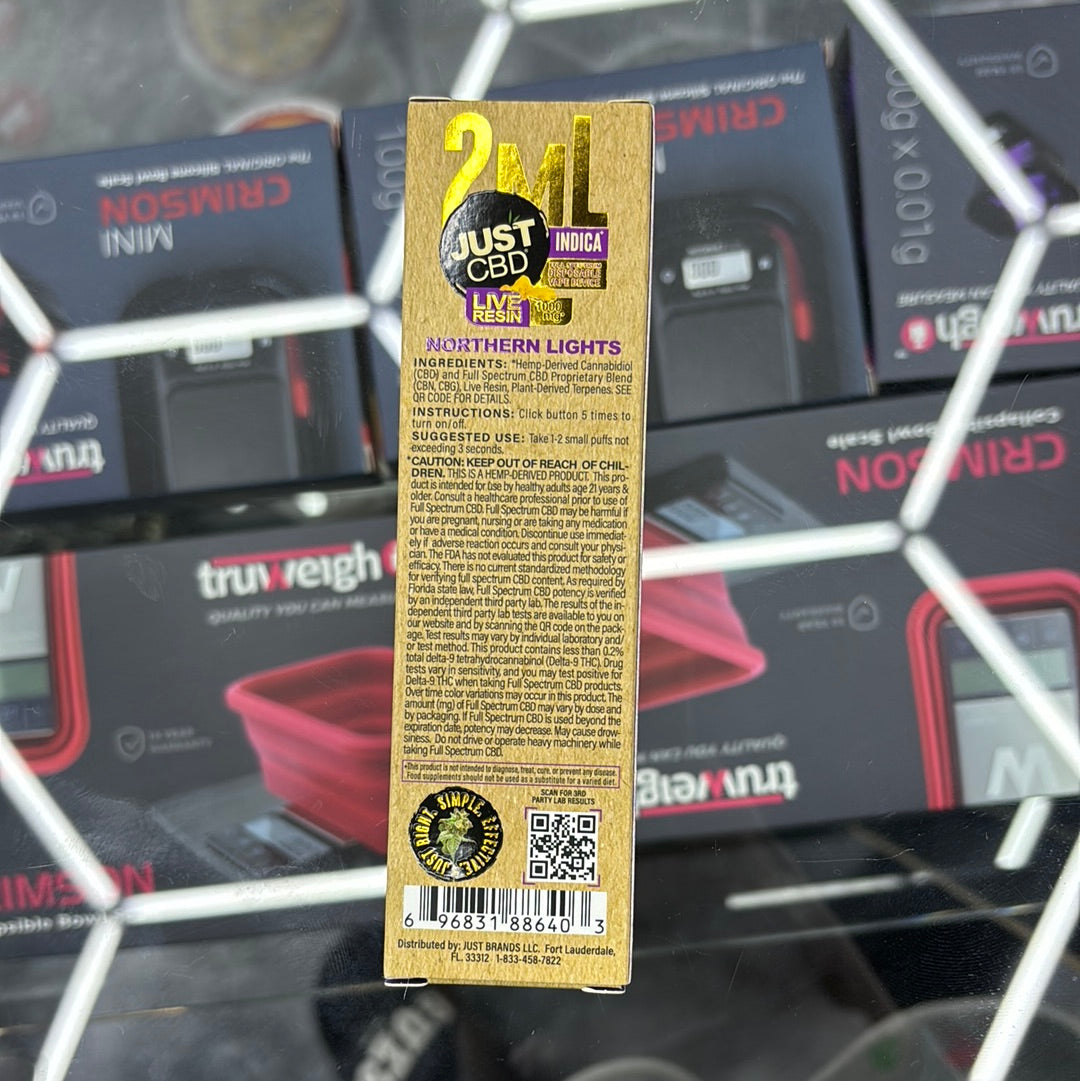 Just CBD two ML 1500 puffs live resin Indica Northern lights