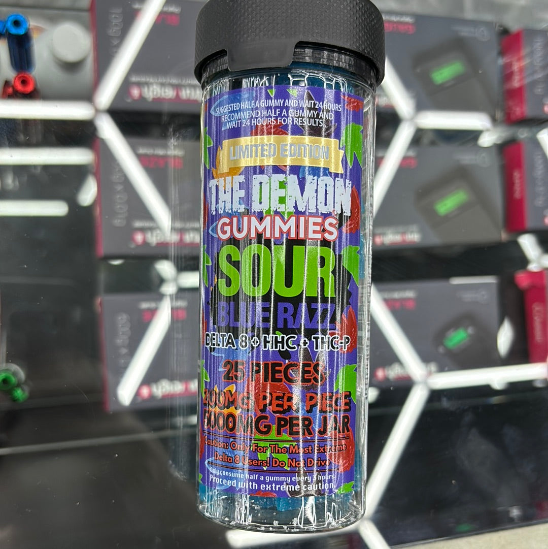 The demon gummy, sour blue, razz 5000 MG per jar