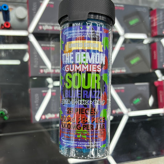 The demon gummy, sour blue, razz 5000 MG per jar