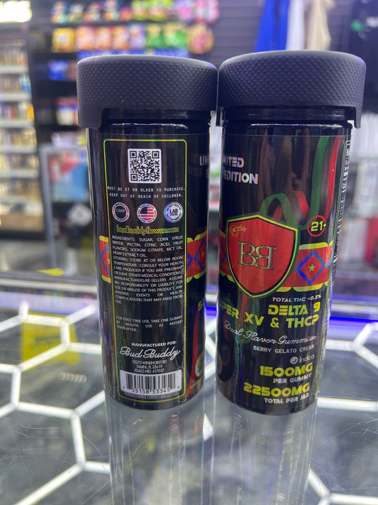 Bud buddy delta 9 super XV & thcp dual flavor gummies 1500mg per gmmy 22500mg jar berry gelato cream