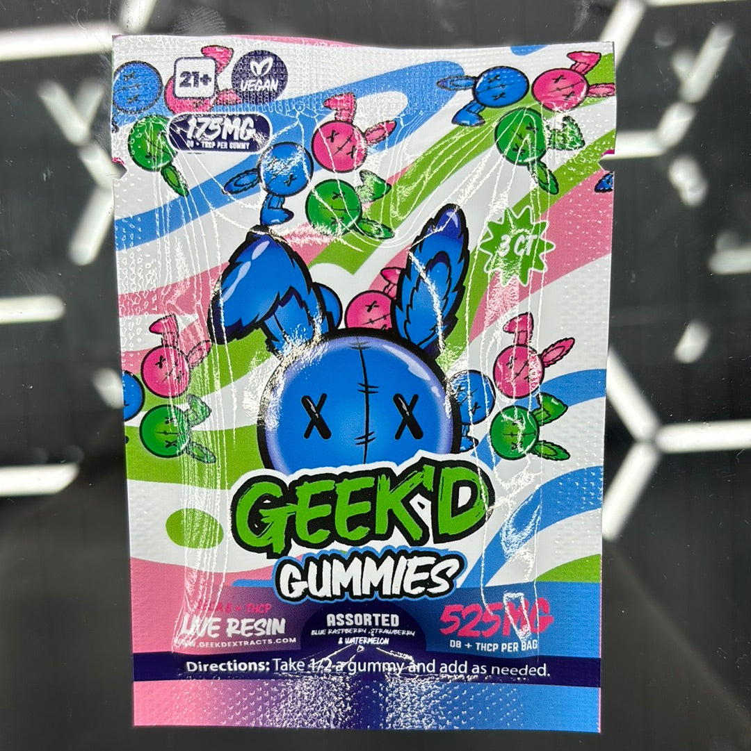 Geek’d gummies live resin assorted, blue raspberry, strawberry and watermelon 525 mg