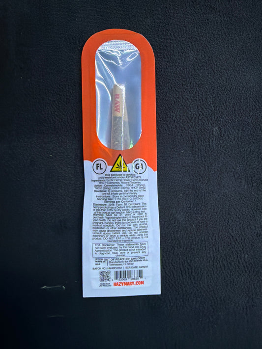 HAZY MARY EXOTIC INDOOR FLOWER THCP DIAMOND INFUSED PRE
ROLLS 1G - SOUR ORANGE SATIVA