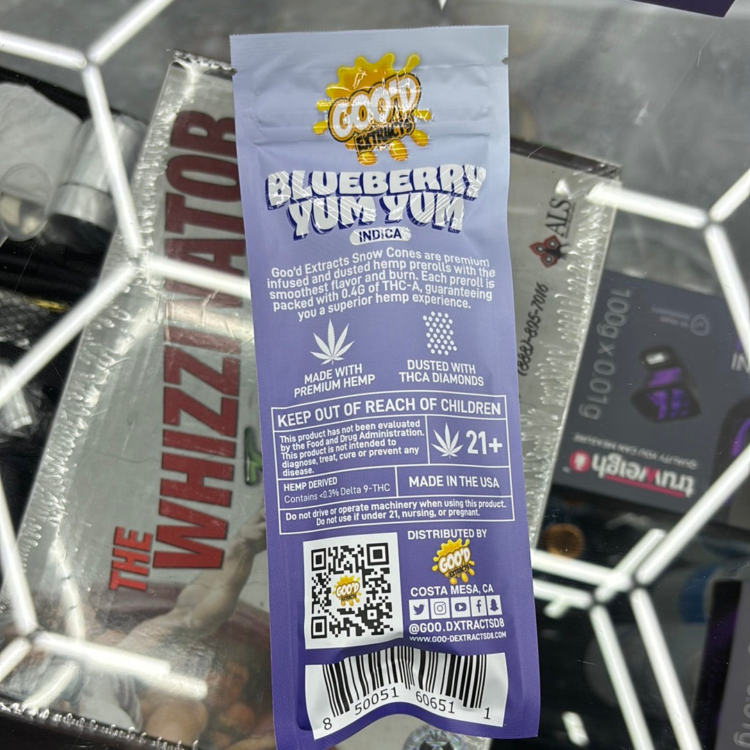 Goo’d extracts, snowcones blueberry Yum Yum, Indica