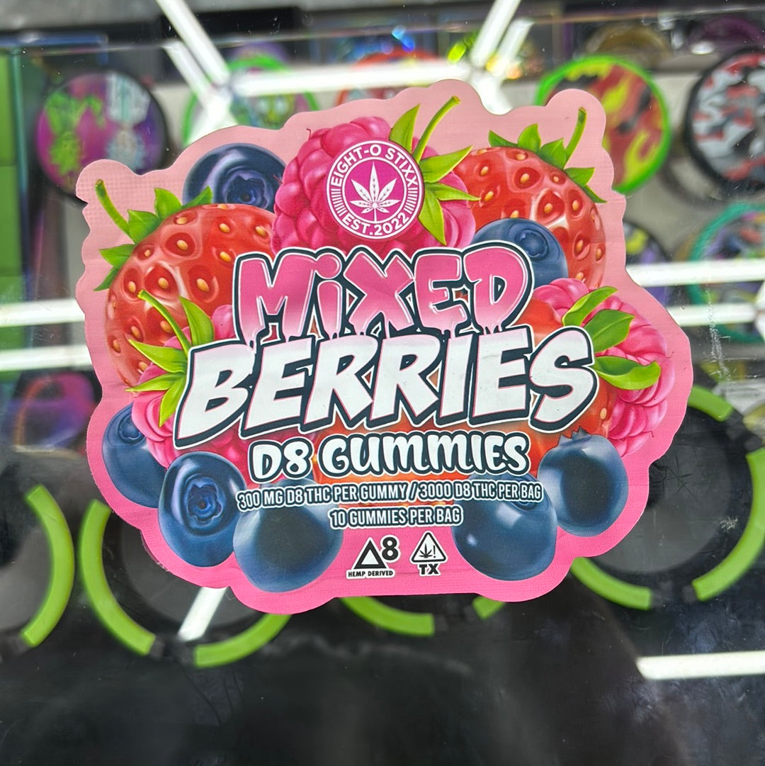 Eight-o stixx mixed berries d8 gummies 3000mg per bag 10gummies 300mg each