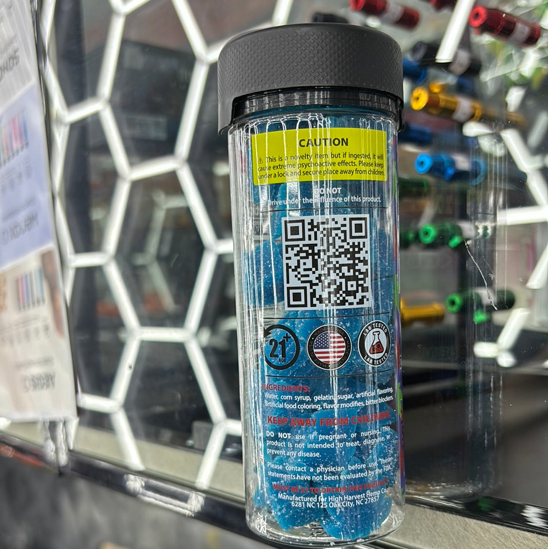 The demon gummy, sour blue, razz 5000 MG per jar