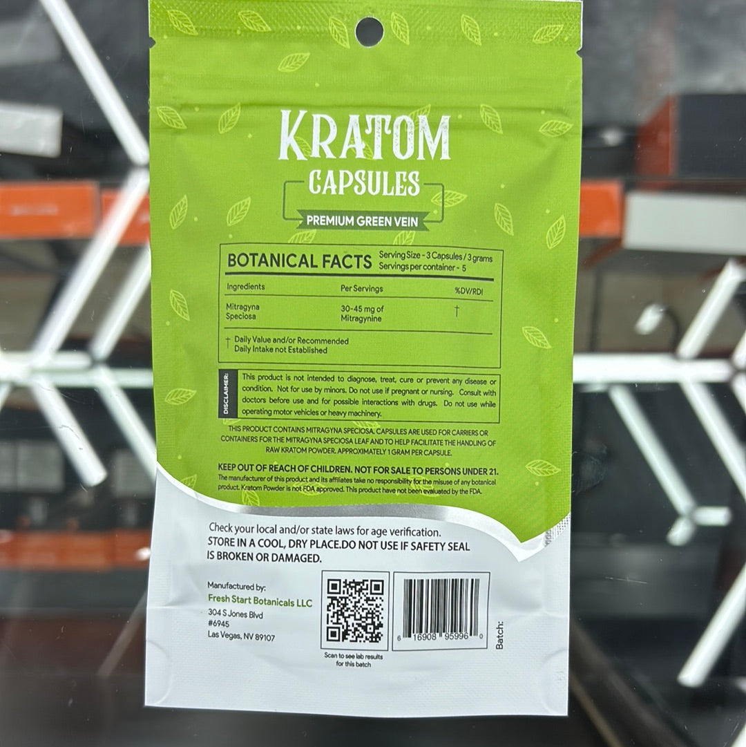 Fresh start botanicals Kratom capsules, premium green vein 15 capsules