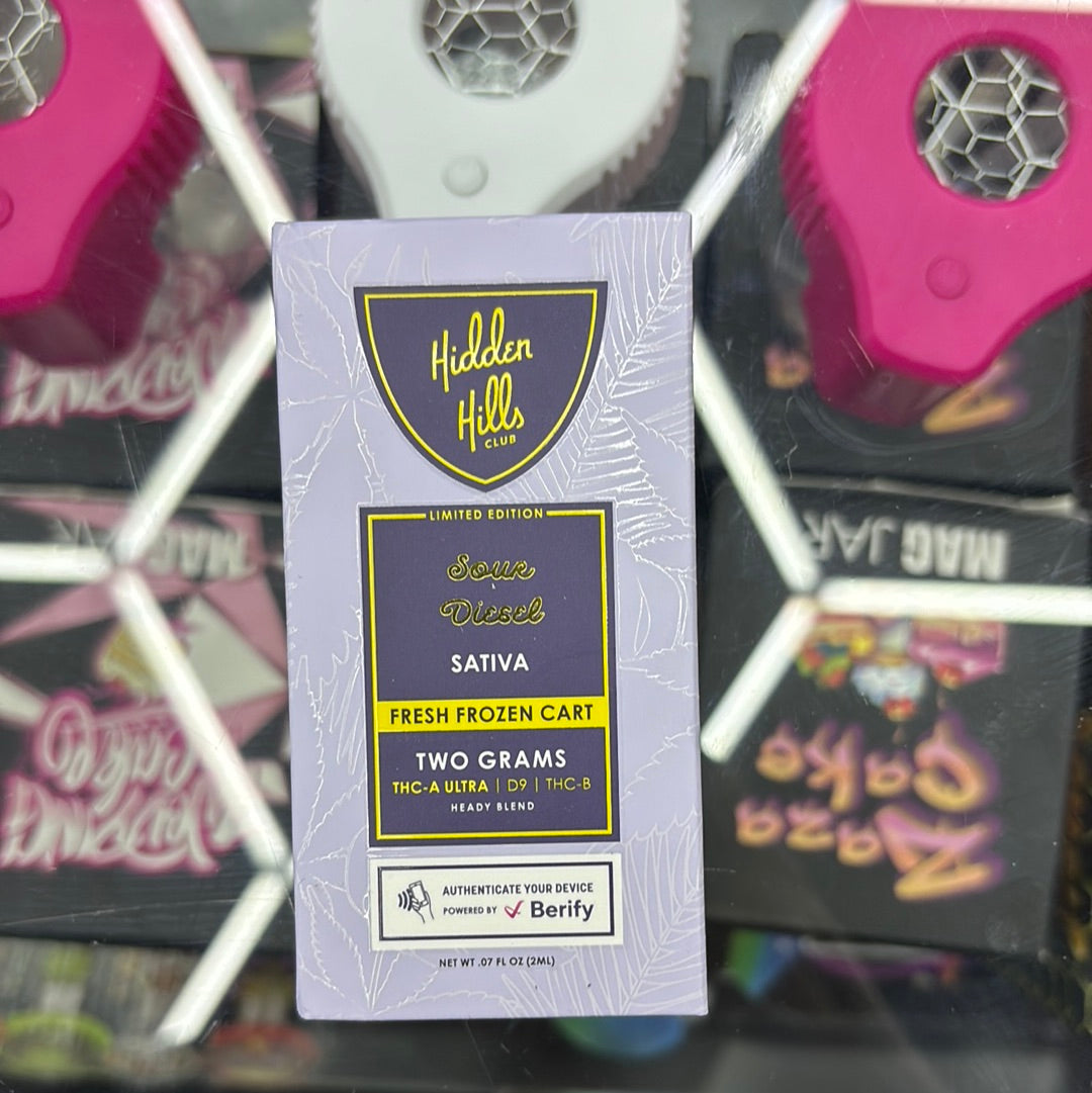 Hidden Hills club sour diesel, sativa fresh frozen cart 2 g THC a ultra heady blend