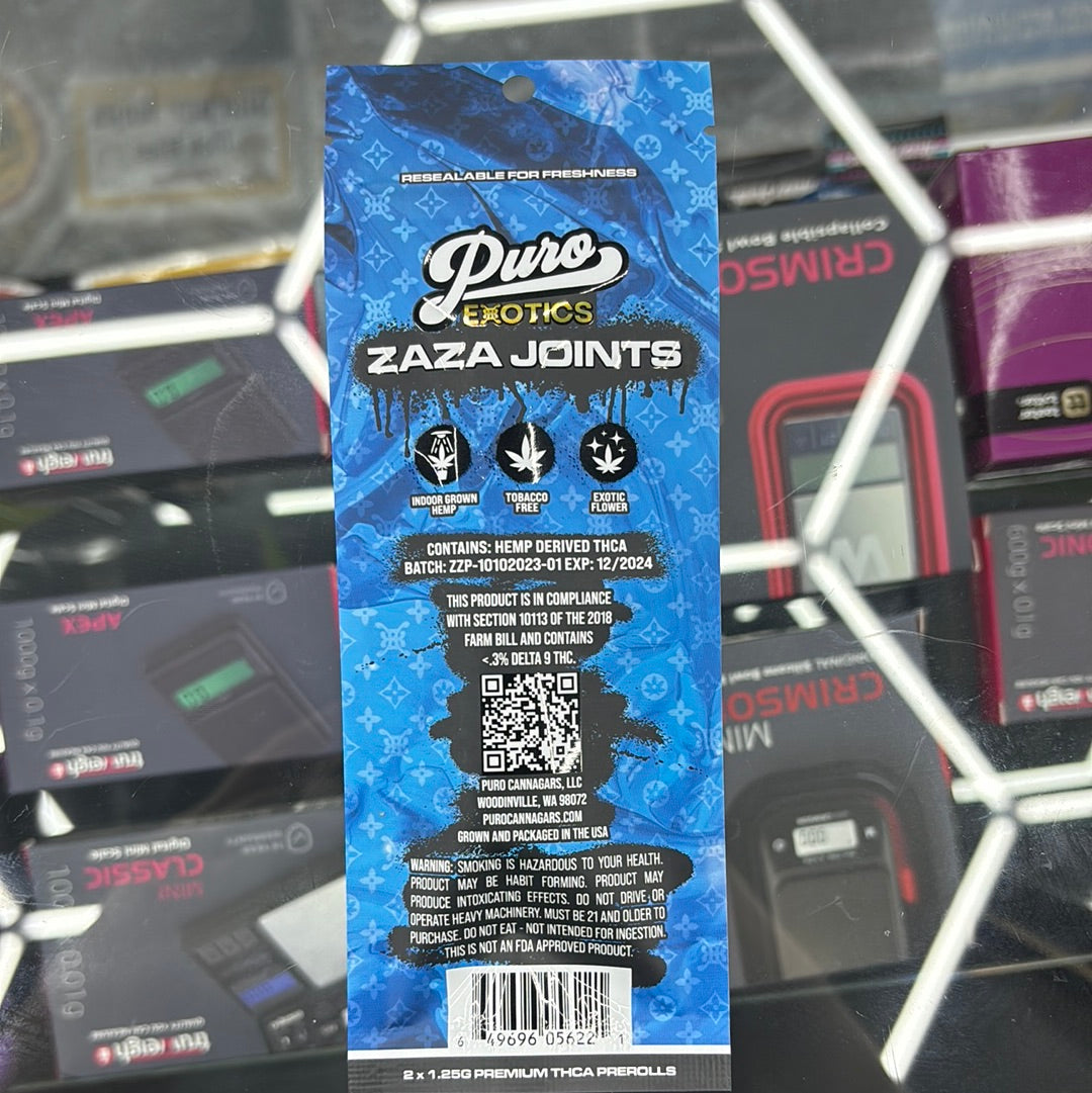 Puro exotics Zaza joints black ice 2.5G pre-rolls indica
