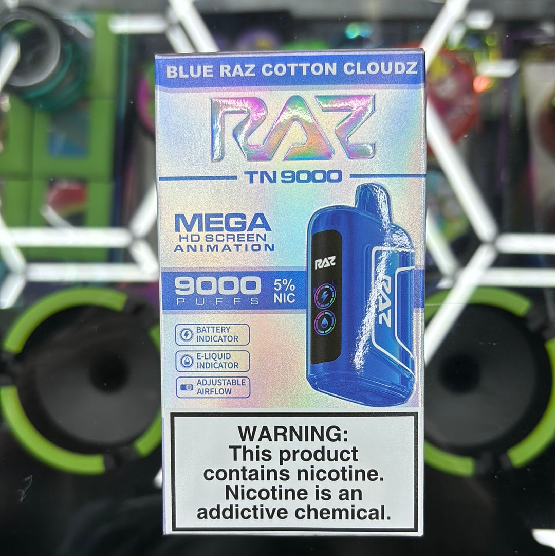 Raz blue razz, cotton clouds, 9000 puffs