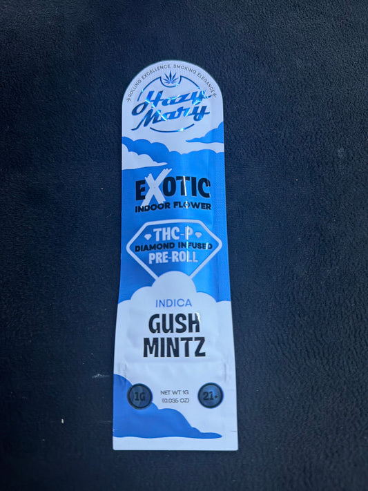 HAZY MARY EXOTIC INDOOR FLOWER THCP DIAMOND INFUSED PRE ROLLS 1G - GUSH MINTZ INDICA
