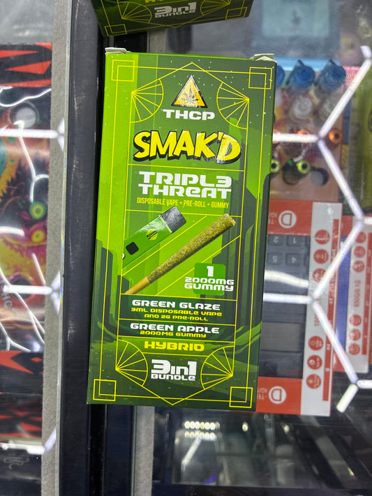 Smakd triple threat disposable vape + preroll + gummy green haze/green apple hybrid