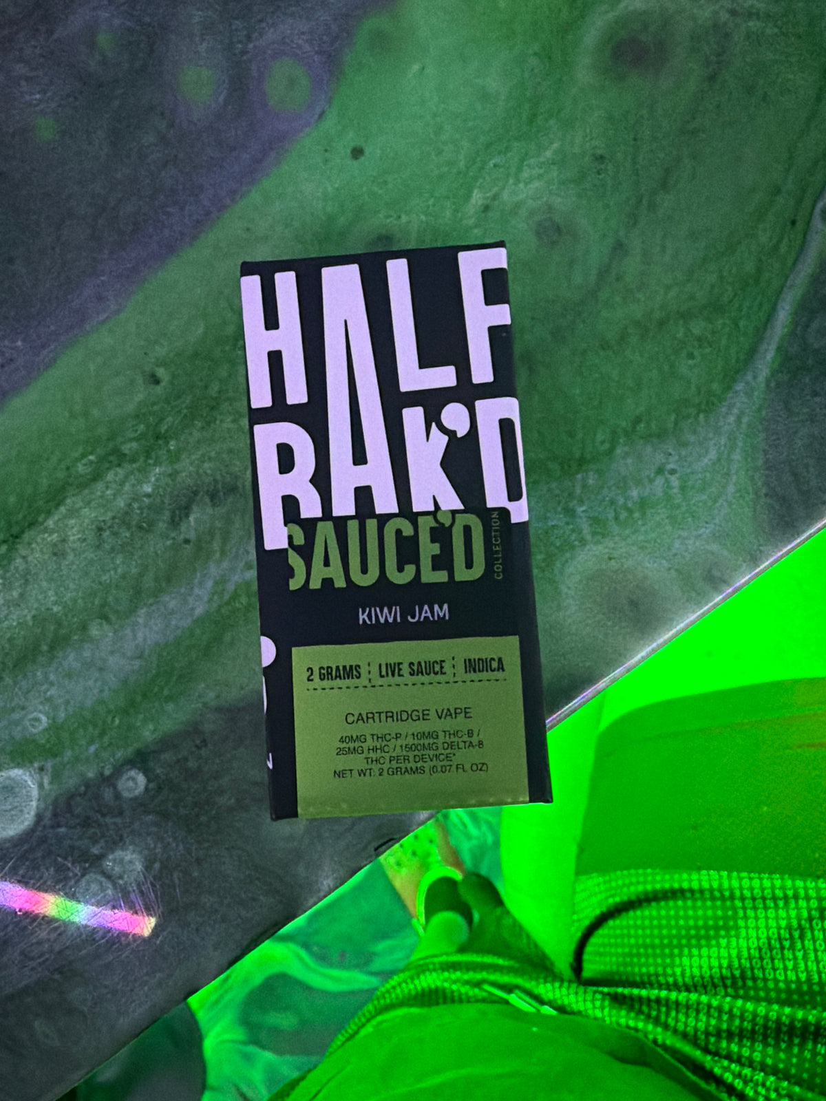 Half bakd 2g live sauce cartridge kiwi jam indica