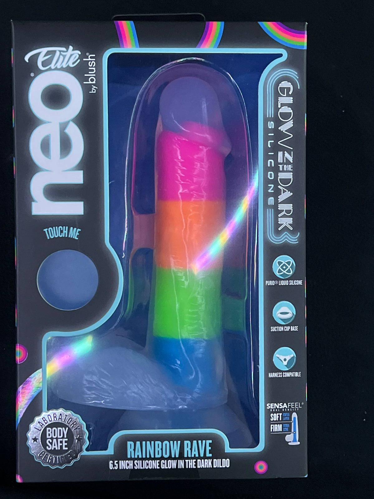 Neo Elite Glow-in-the-Dark Rainbow Rave 6.5 in. Silicone Dual Density Dildo