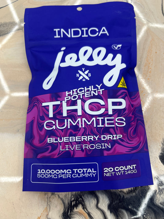 NYB jelly THCP gummies live rosin 10,000mg total 500per gummy blueberry drip indica