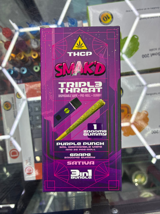 Smakd triple threat disposable vape + preroll + gummy purple punch/grape sativa