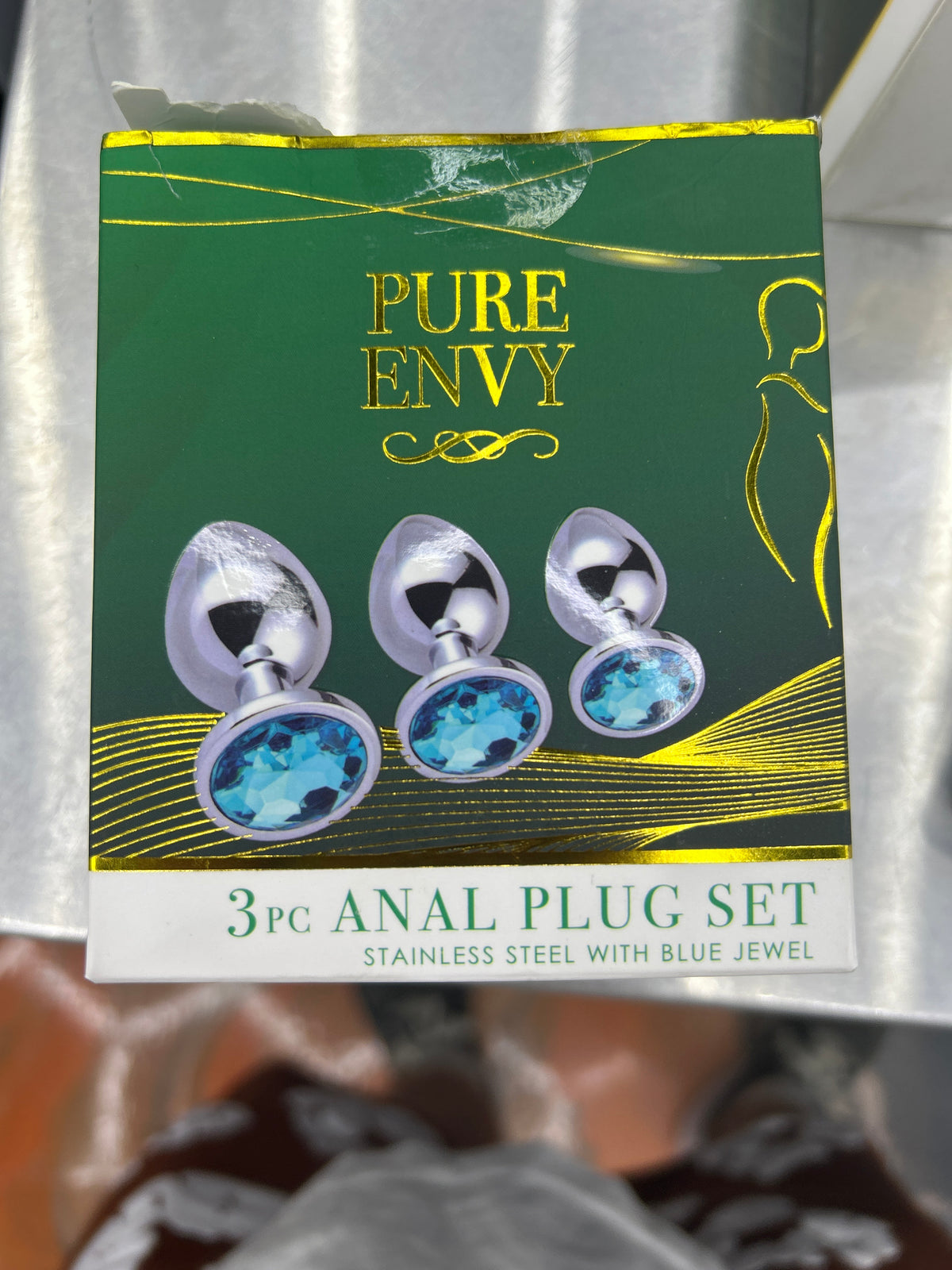 Pure envy adult novelty 3pc anal plug set stainless steel with blue jewel