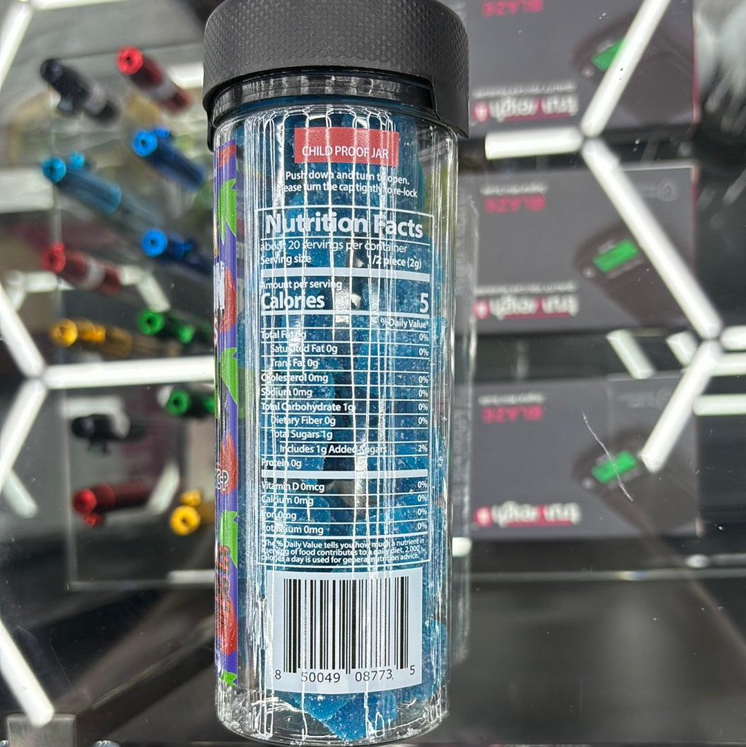 The demon gummy, sour blue, razz 5000 MG per jar