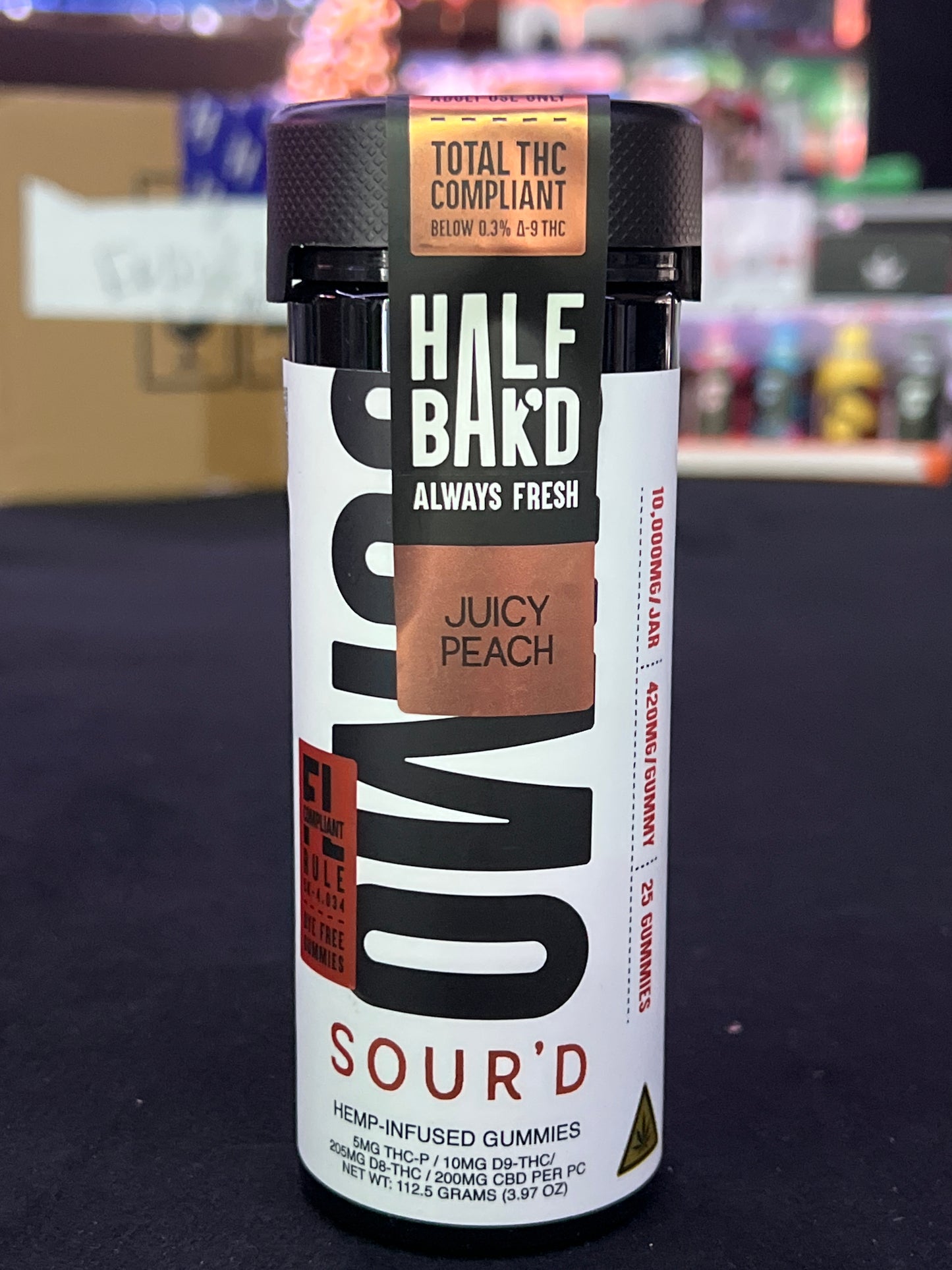 Half baked THCP sourd sumo gummy 10000mg 25ct jar juicy peach