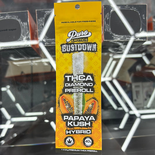 Puro exotics bus down papaya, Kush, hybrid THC, a diamond pre-roll