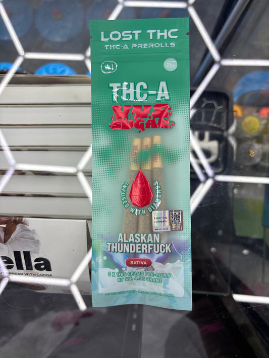 Lost thc-a pre-rolls, vvs sugar Alaskan Thunderfuck sativa