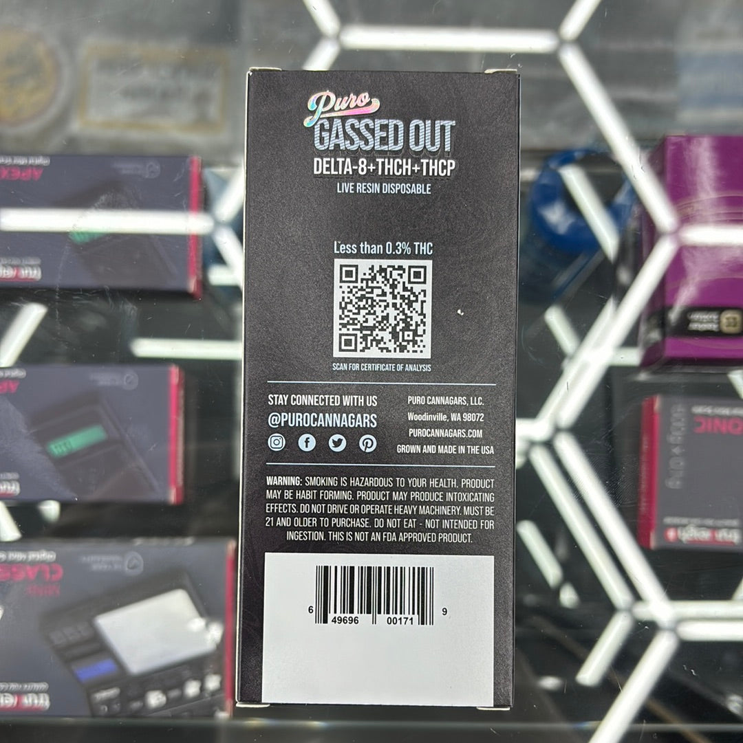 Puro relaxing gassed out delta eight live resin disposable god’s gift 2g