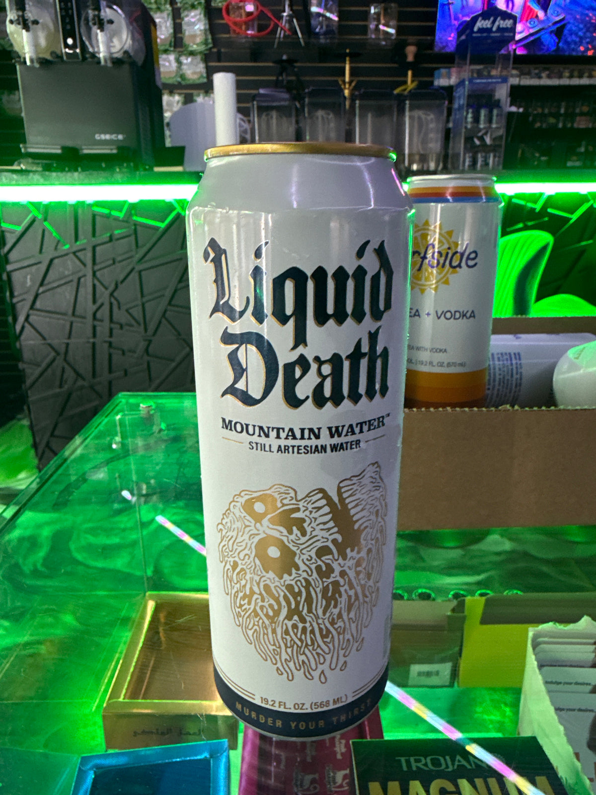 Liquid death mountain water still artesian