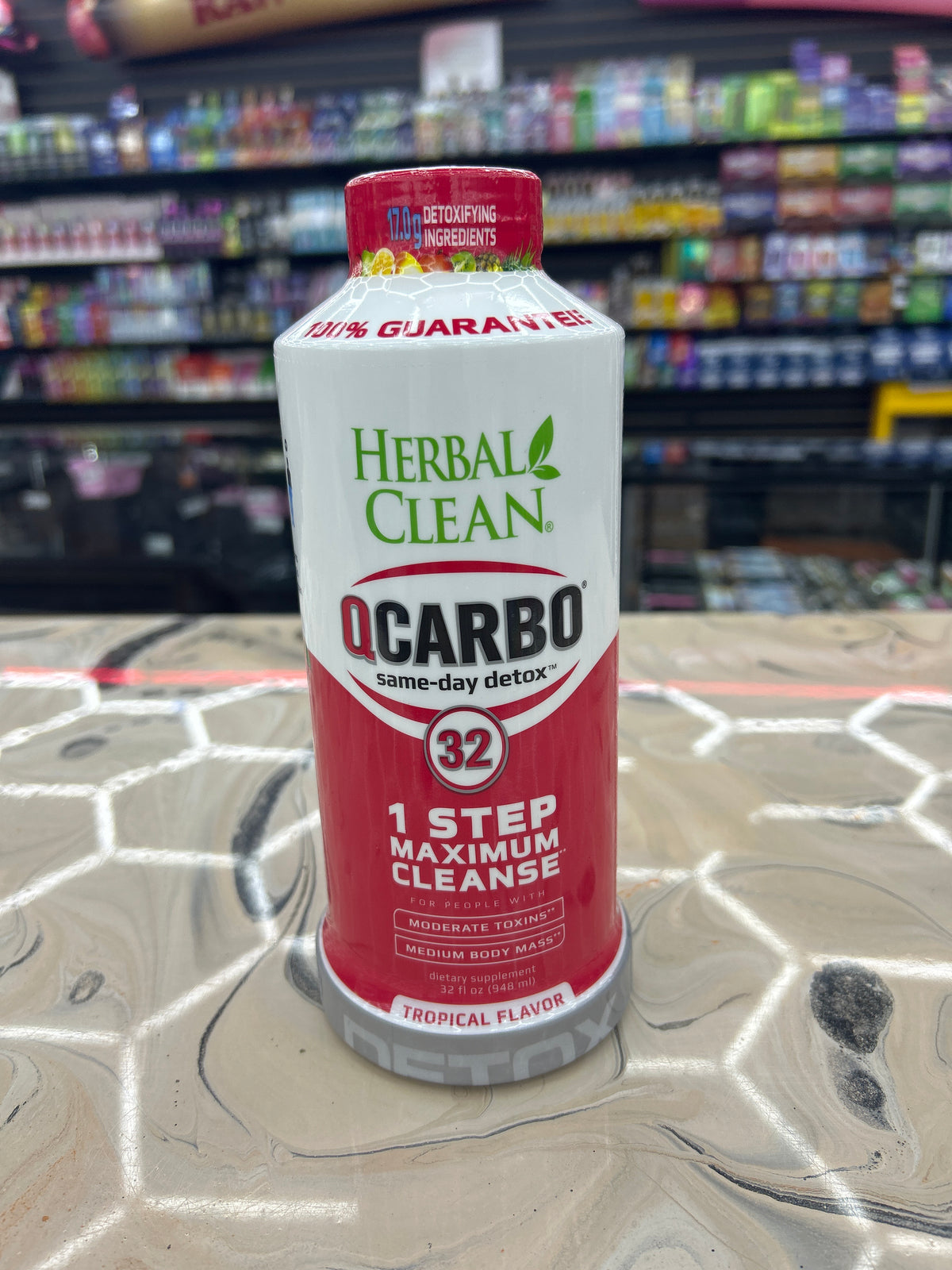 Q Carbo Herbo, clean one step, maximum cleanse 32oz, tropical flavored detox