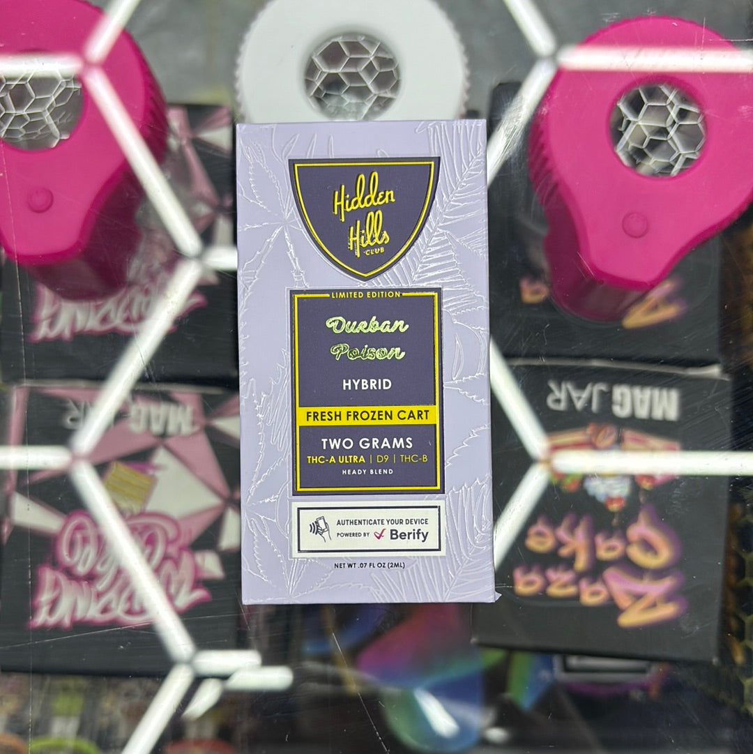 Hidden Hills club Durban poison hybrid fresh frozen cart 2 g THC a ultra heady blend