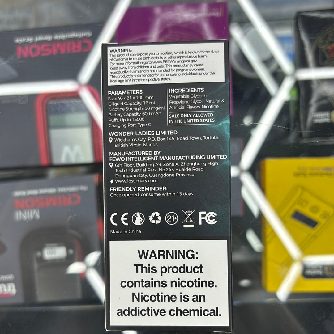 Lost Mary 15,000 puffs Miami mint no nicotine