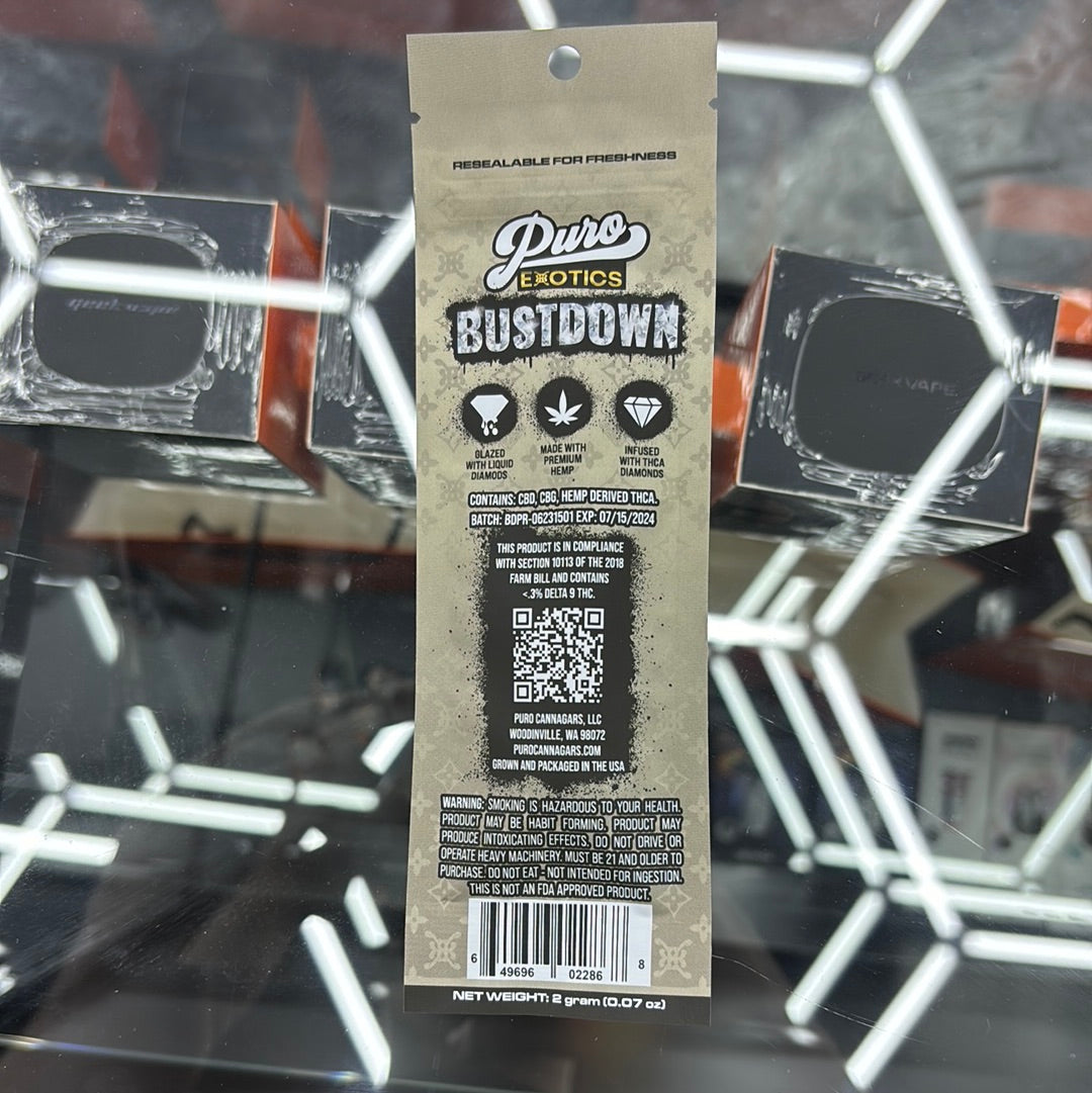 Puro exotics bus down white truffles, indica THC, a diamond pre-roll