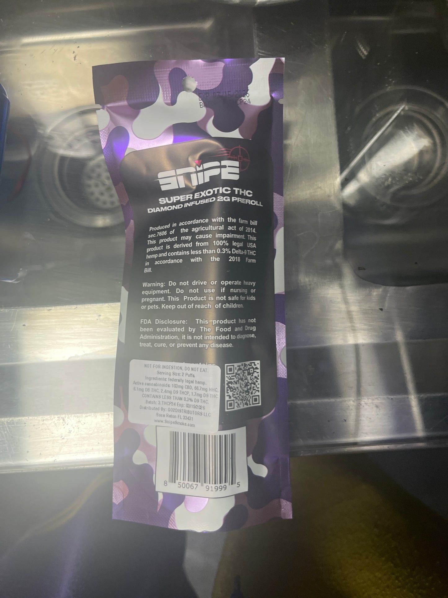 Snipe 2g thcp super exotic diamond preroll purple space cookie