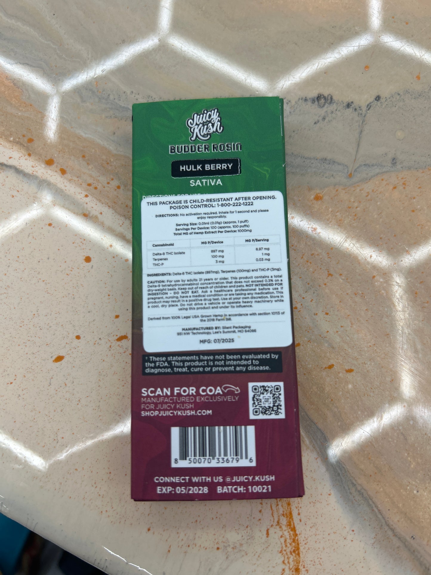 Juicy kush budder rosin 1g vape hulk berry sativa