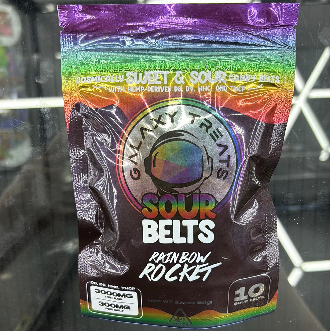 Galaxy treats, sour belts, rainbow rocket, sweet and sour candy belts, 3000 mg
