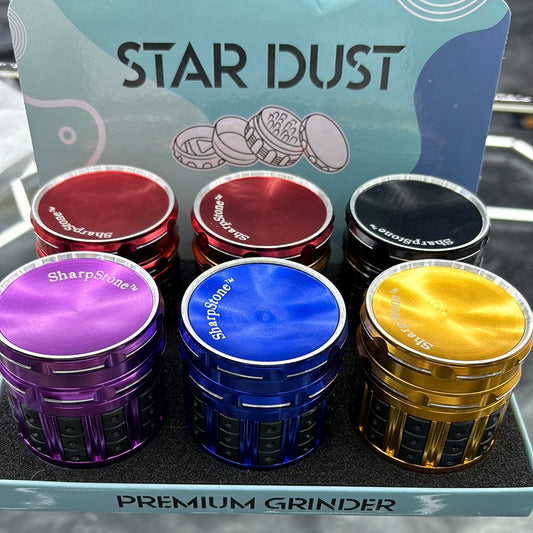 Stardust premium grinder long barrel with plastic grip on sides, sharp stone