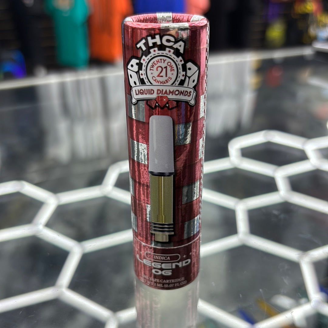 Twenty one Cannabis, THCA, liquid diamonds. Legend, OG, Indica, 2G vape cartridge￼